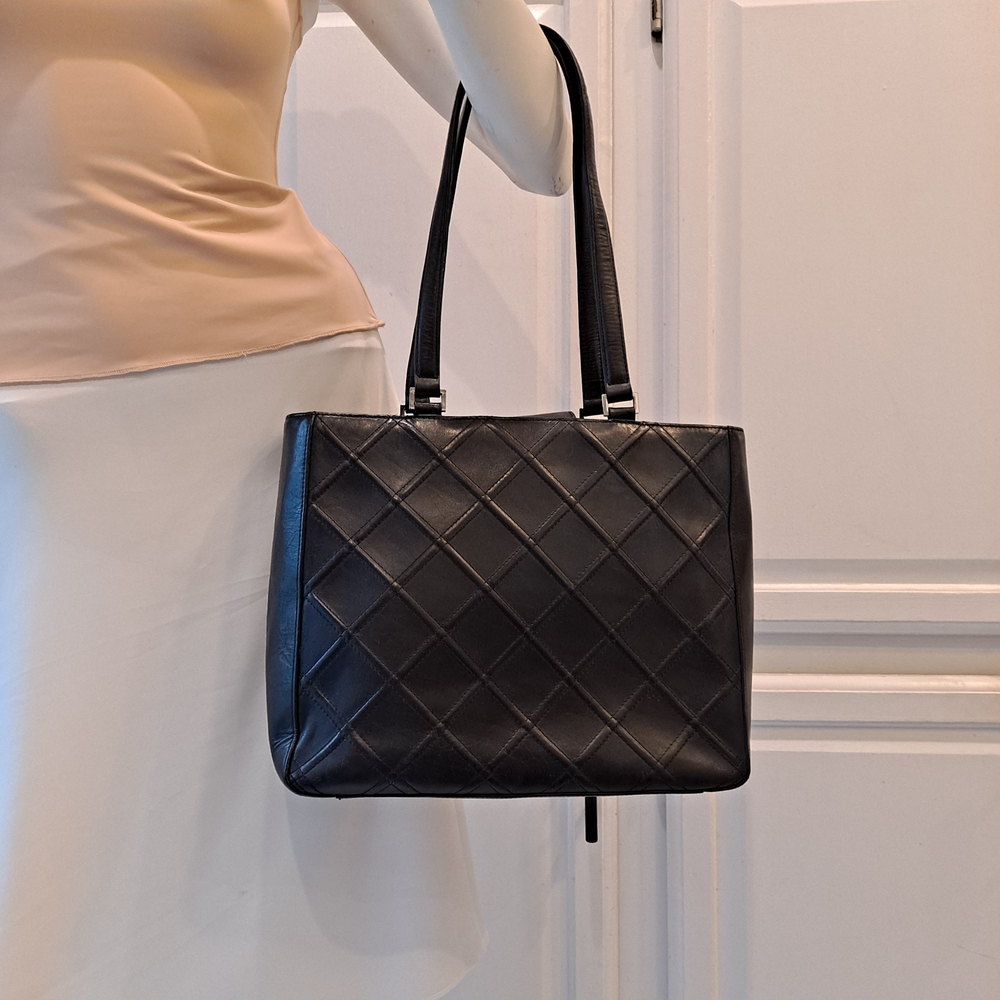 Ralph Lauren Vintage Black Leather  Stitched Diamond Pattern Shoulder Bag